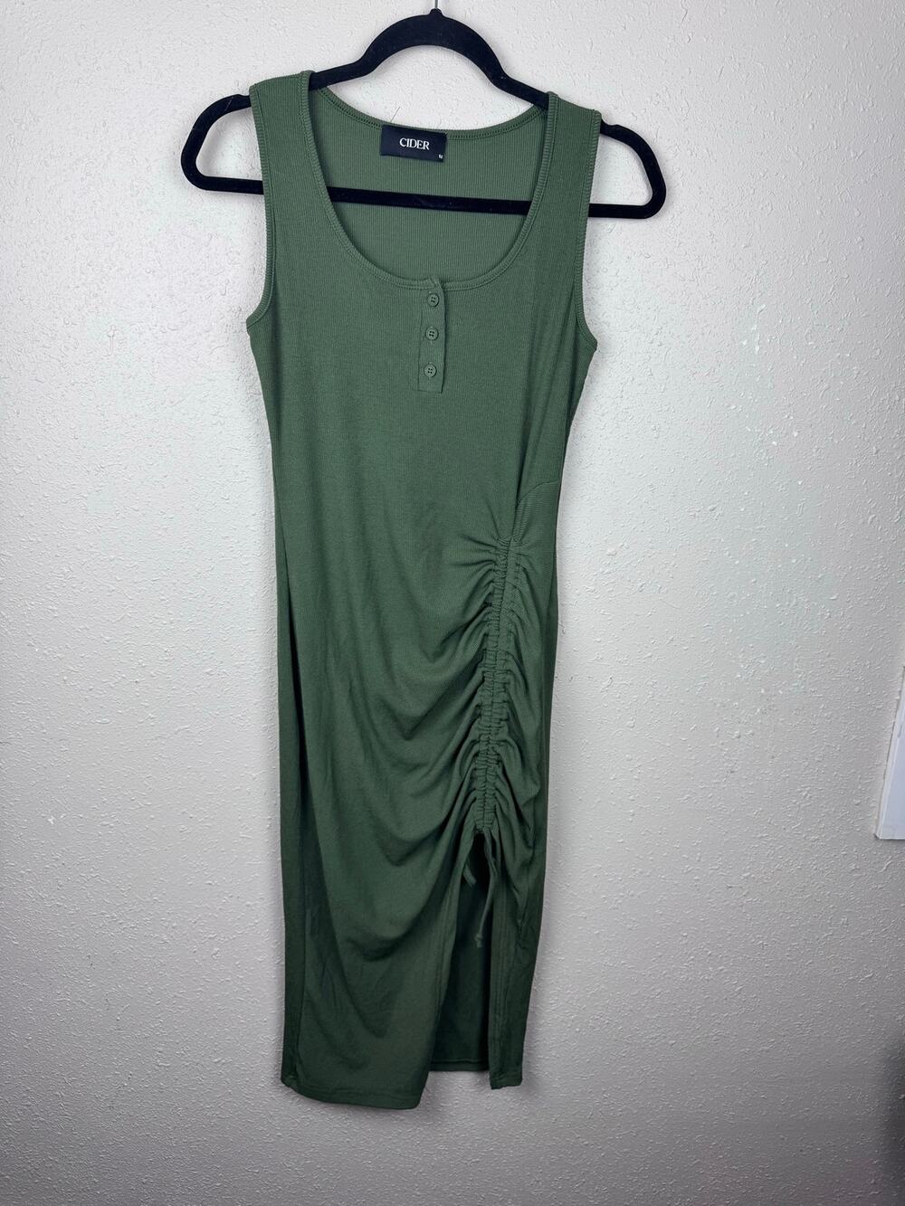 CEZANNE Olive Green Sleeveless Ruched Midi Dress